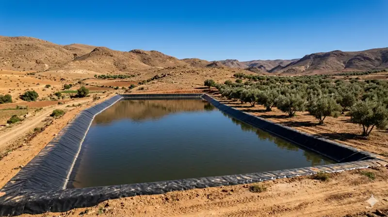 Bassin d'irrigation agricole étanchéifié avec une géomembrane au Maroc