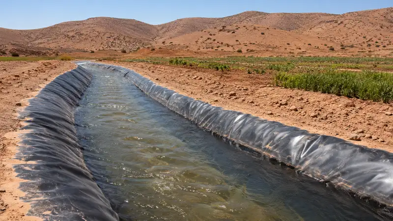 Canal d'irrigation revêtu d'une géomembrane au Maroc
