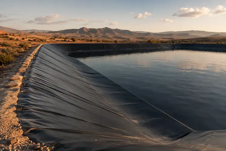 Rouleau de géomembrane PEHD déroulé sur un bassin